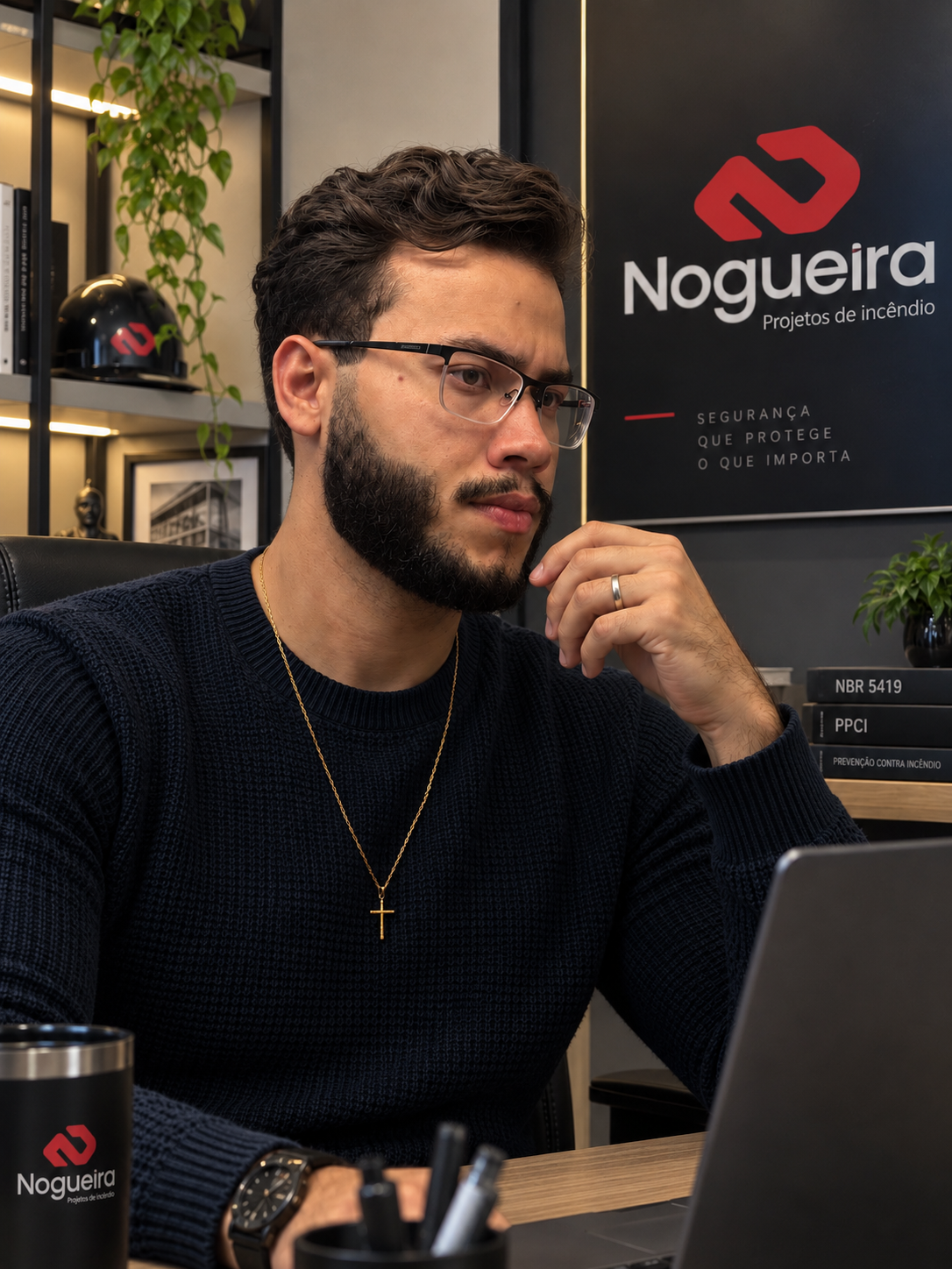 Vítor Costa Nogueira Cau — Arquiteto e Urbanista — no escritório da Nogueira Projetos de Incêndio